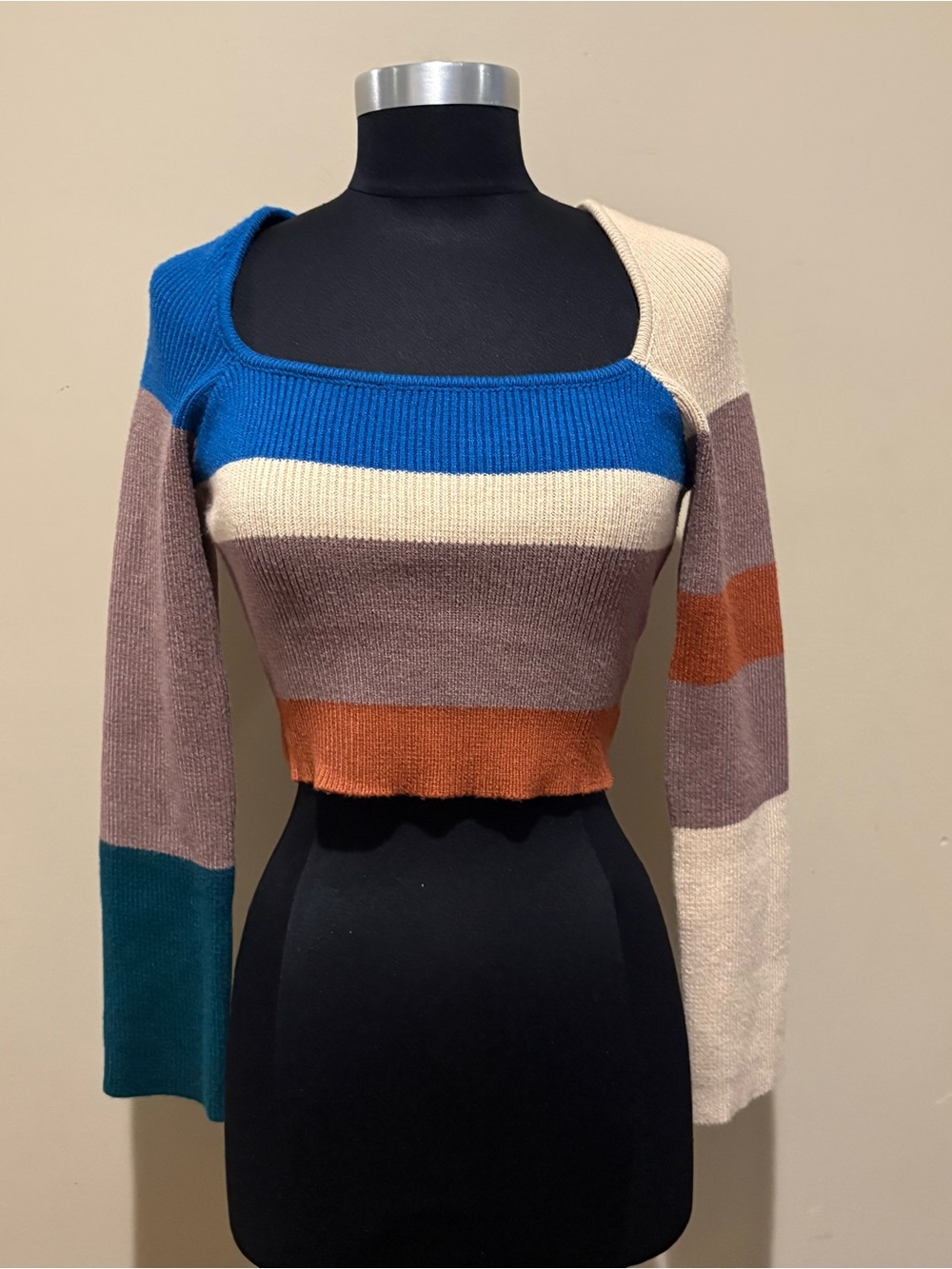 Le Lis Colorblock Cropped Sweater in Blue, Cream, Brown, Teal, and Rust